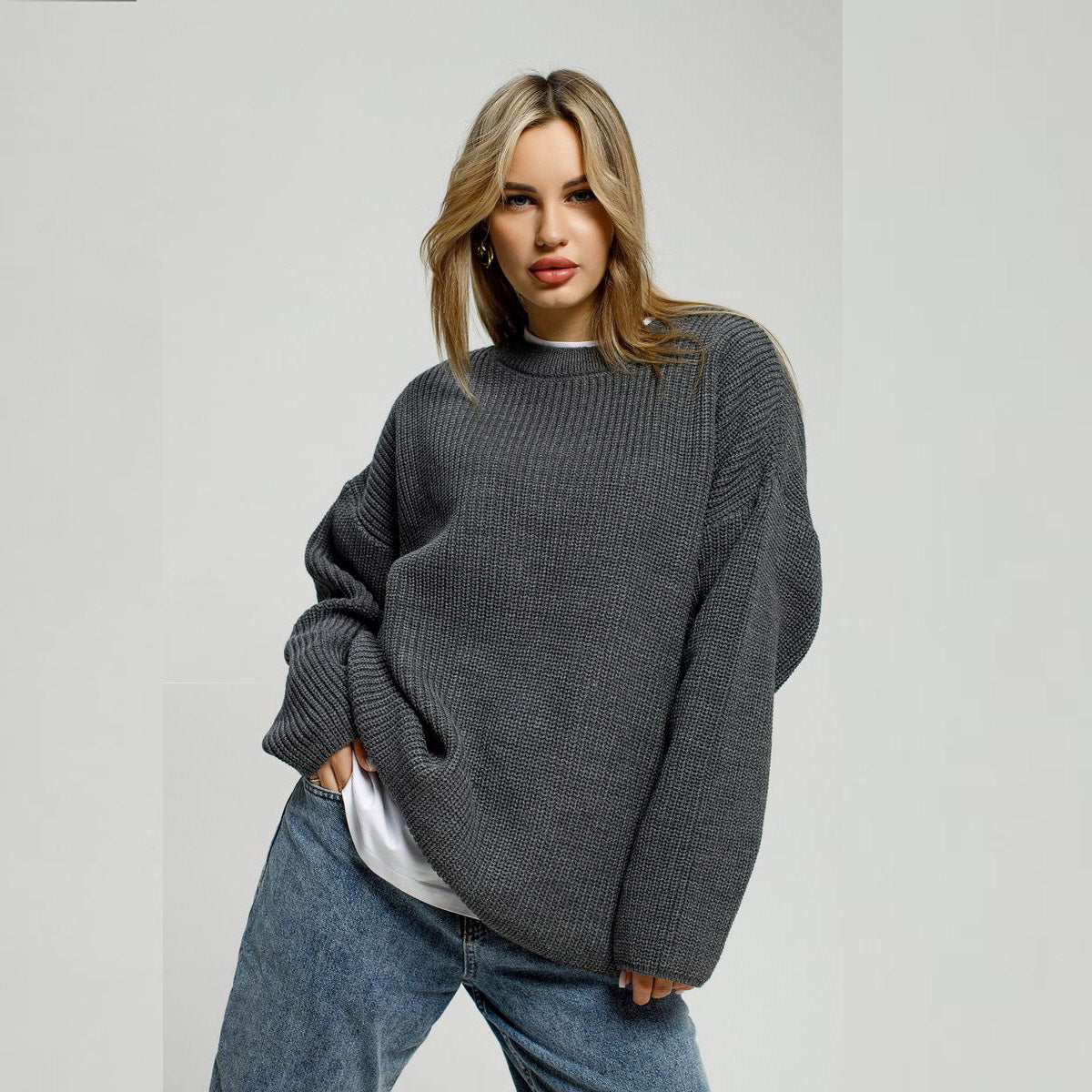 Women's Sweater Round Neck Pullover Loose-fitting Long Sleeves