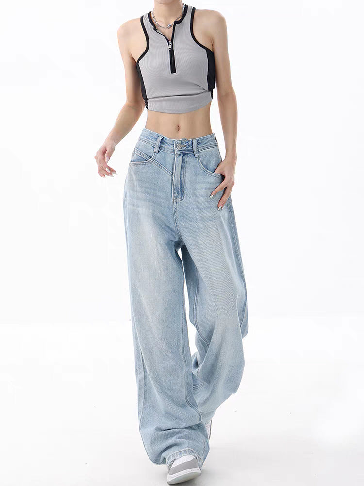 Women's Loose Light Blue Washed Wide-leg Jeans