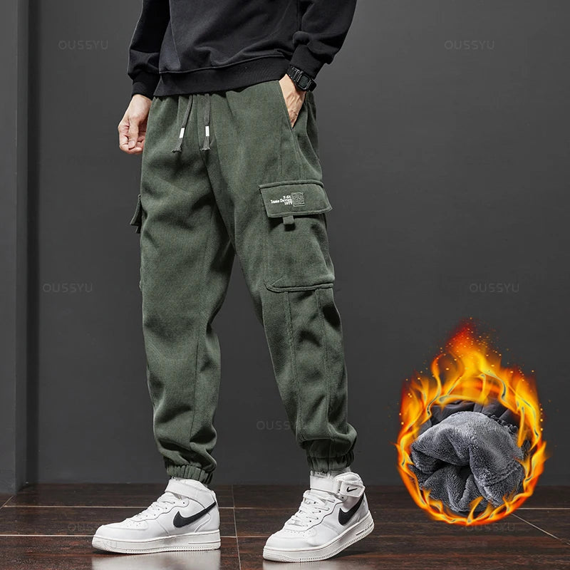 OUSSYU Winter Men's Fleece Warm Cargo Corduroy Pants Jogging Sweatpants Work Y2k Korean Pants Loose Harem Casual Trouser for Men