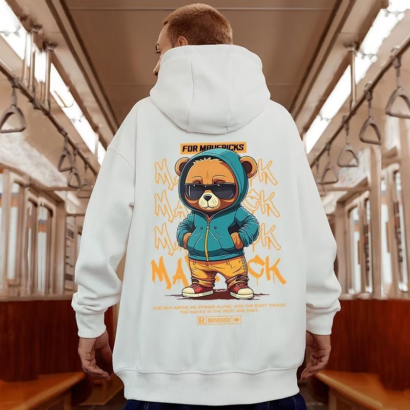 Men's Fleece-lined Thick Bear Printed Hoodie