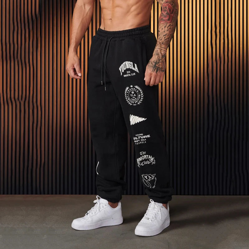 Men's Sweatpants Autumn and Winter New Jogger Gym Sports Fitness Casual Pants Cotton printed mid waist drawstring trousers