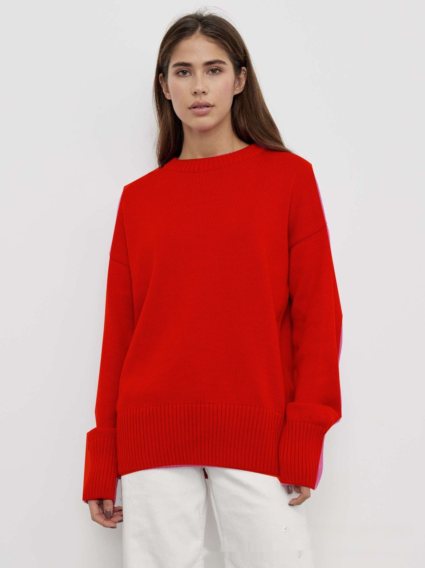 Solid Color Round Neck Sweater Women's Soft Knitted Top