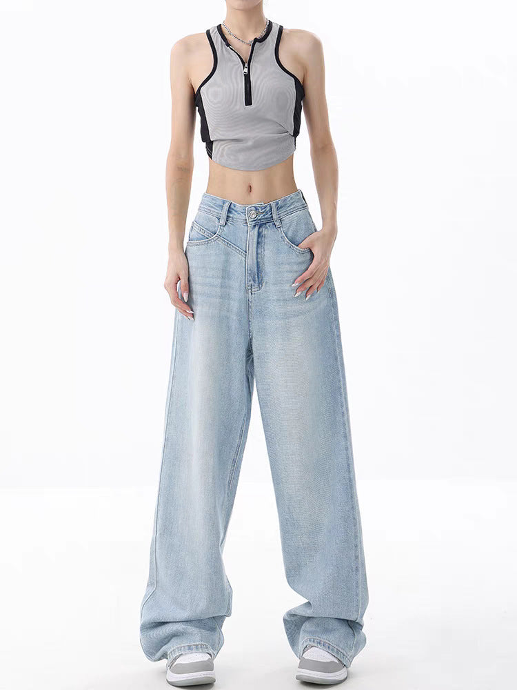 Women's Loose Light Blue Washed Wide-leg Jeans