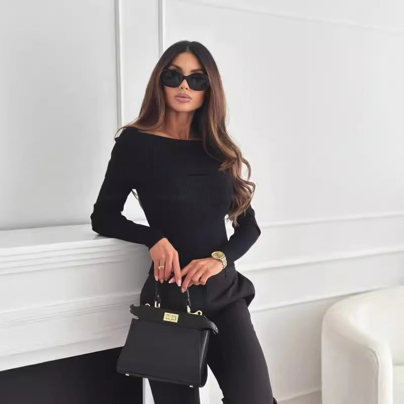 Fall Fashion Slim Fit Slimming Off-shoulder Solid Color Long-sleeved T-shirt For Women