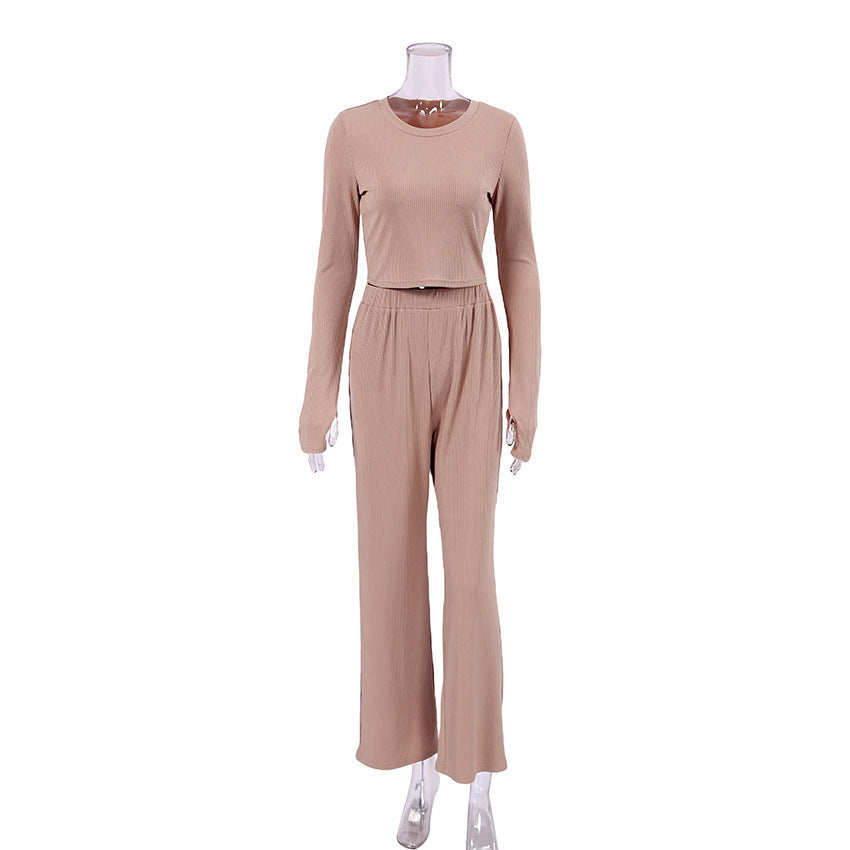 Long-sleeved Pajamas Short Trousers Suit Fashion Sunken Stripe Knitted Home Wear