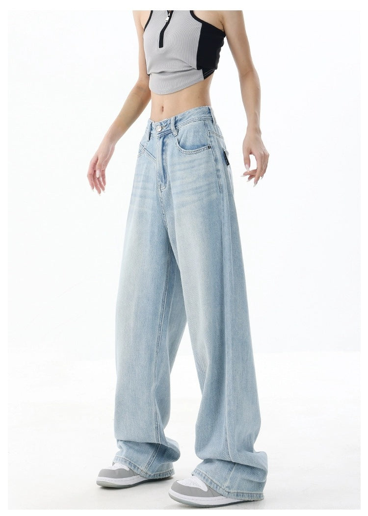 Women's Loose Light Blue Washed Wide-leg Jeans