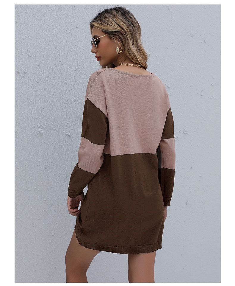 Pullover Round Neck Loose Knitted Stitching Contrast Color Woolen Skirt