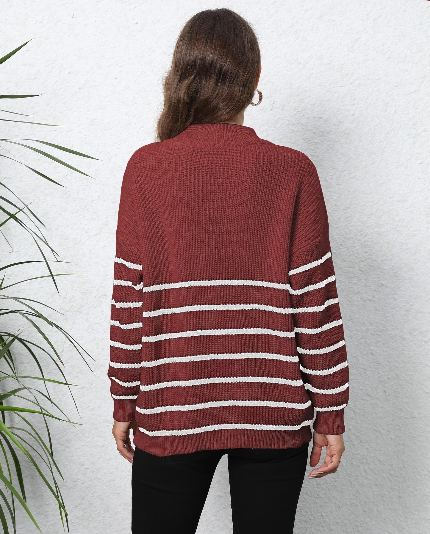 Women's Knitted Striped Stitching Half Turtleneck Zipper Sweater