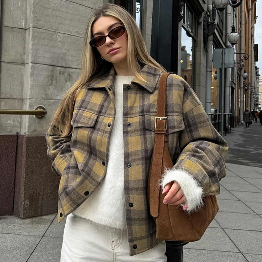 Woolen Plaid Loose-fitting Fashionable Jacket Top