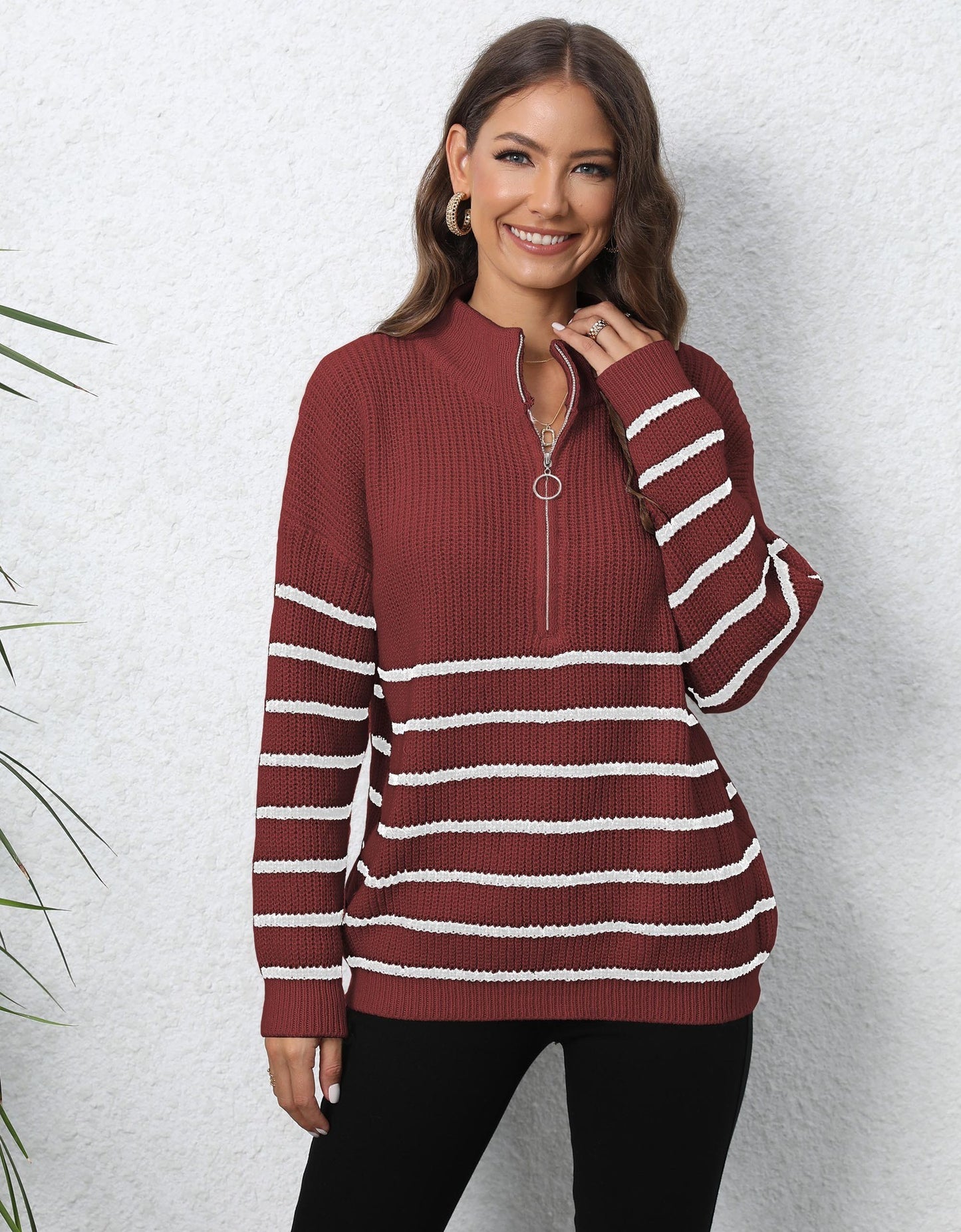 Women's Knitted Striped Stitching Half Turtleneck Zipper Sweater