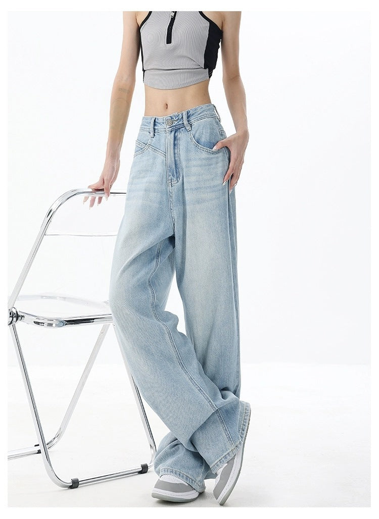 Women's Loose Light Blue Washed Wide-leg Jeans