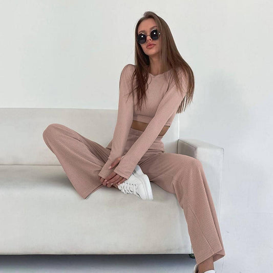 Long-sleeved Pajamas Short Trousers Suit Fashion Sunken Stripe Knitted Home Wear