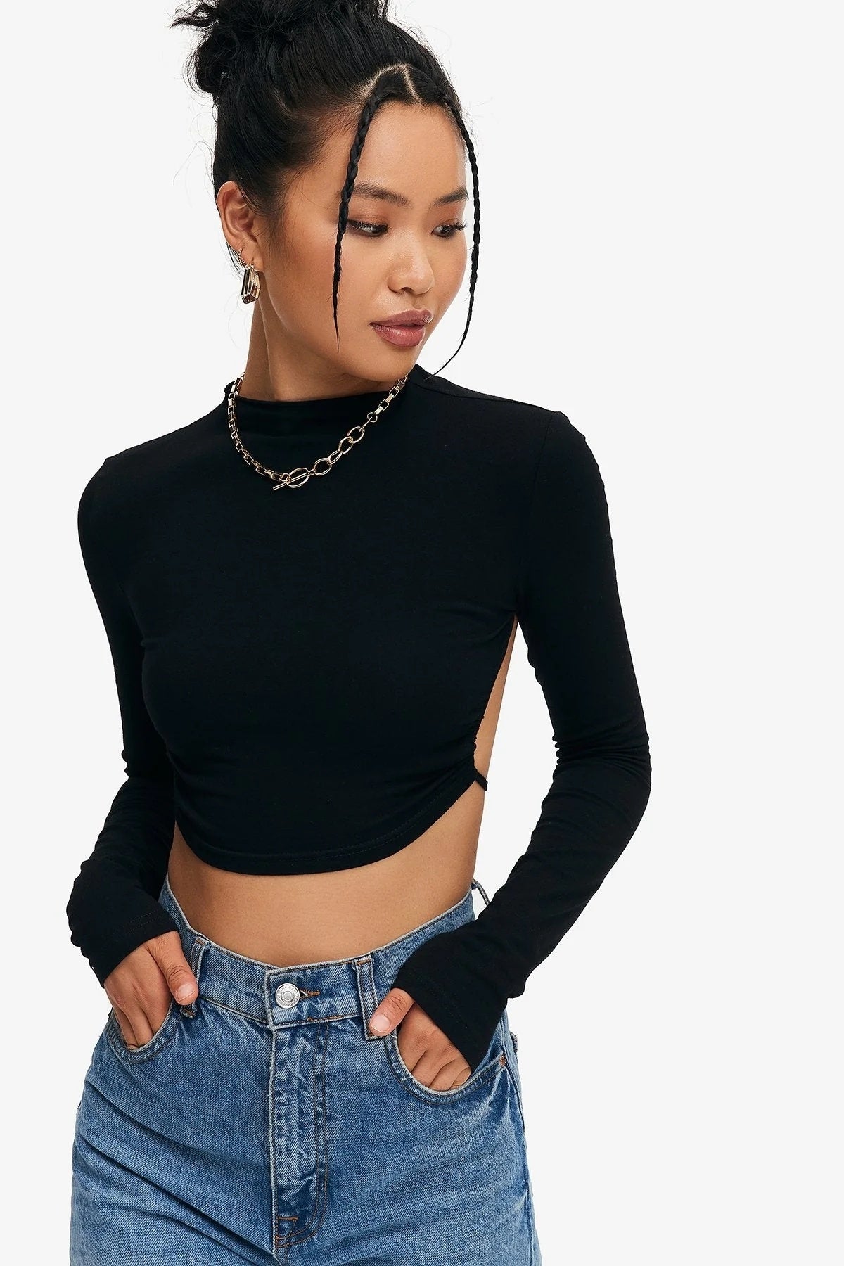 Crop Top Solid Tie Backless Curved Hem