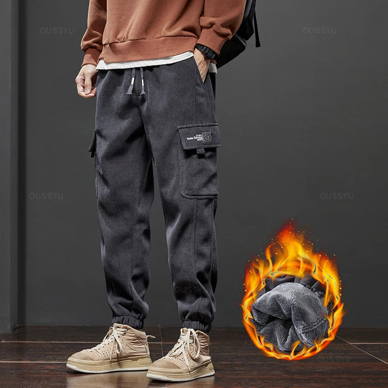 OUSSYU Winter Men's Fleece Warm Cargo Corduroy Pants Jogging Sweatpants Work Y2k Korean Pants Loose Harem Casual Trouser for Men