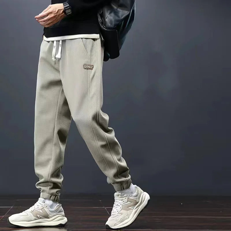 Summer Thin Style Sweatpants Men Loose Bound Feet Spring Khaki Elastic Waist Casual Pulling Rope Motion All-match Trousers