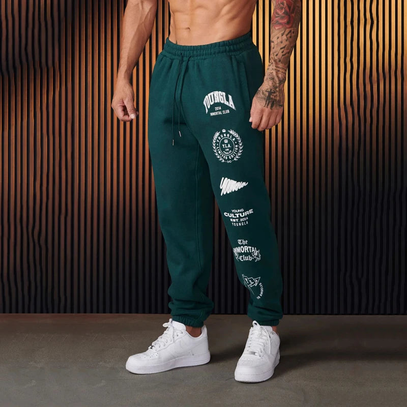 Men's Sweatpants Autumn and Winter New Jogger Gym Sports Fitness Casual Pants Cotton printed mid waist drawstring trousers