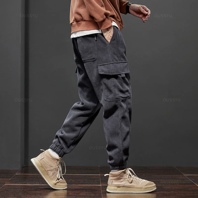 OUSSYU Winter Men's Fleece Warm Cargo Corduroy Pants Jogging Sweatpants Work Y2k Korean Pants Loose Harem Casual Trouser for Men