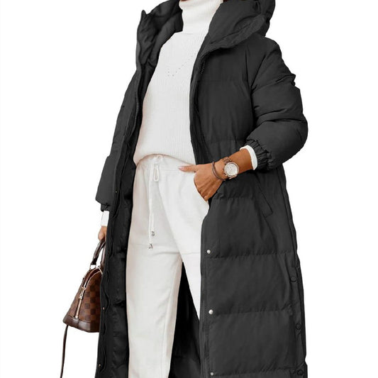 Solid Color Hooded Long Elegant Cotton-padded Coat Fashion Long-sleeve Zipper Pocket Women's Coat