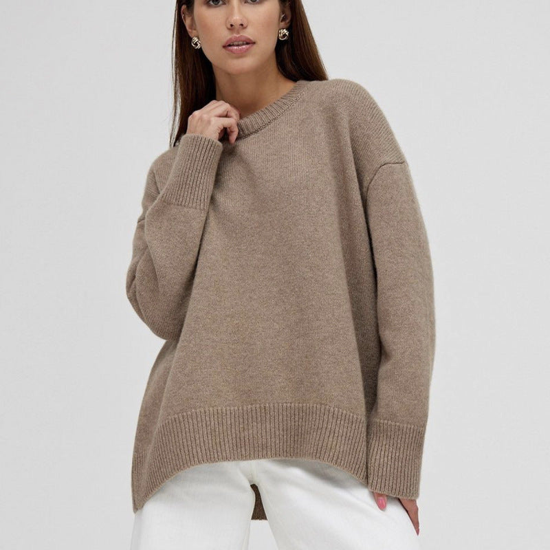 Solid Color Round Neck Sweater Women's Soft Knitted Top