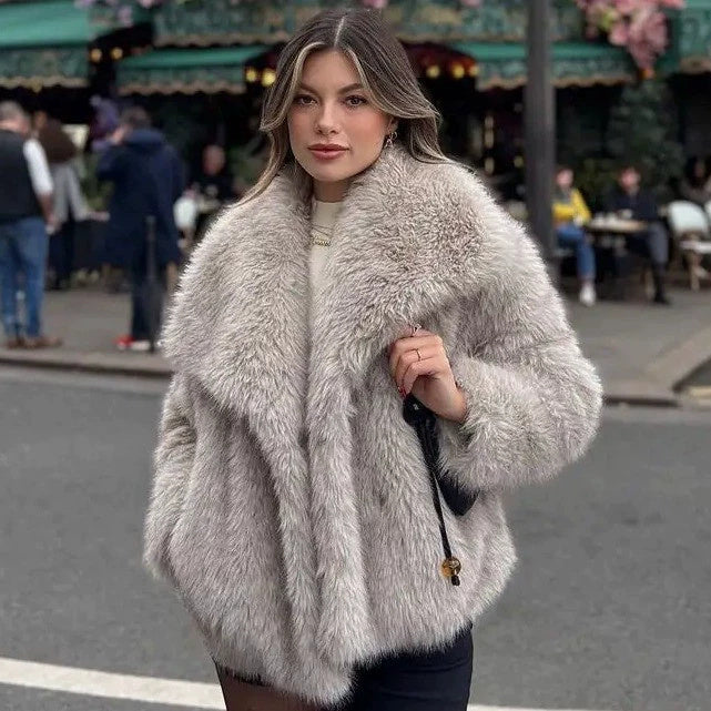 Large Lapel Fluffy Plush Artificial Fur Short