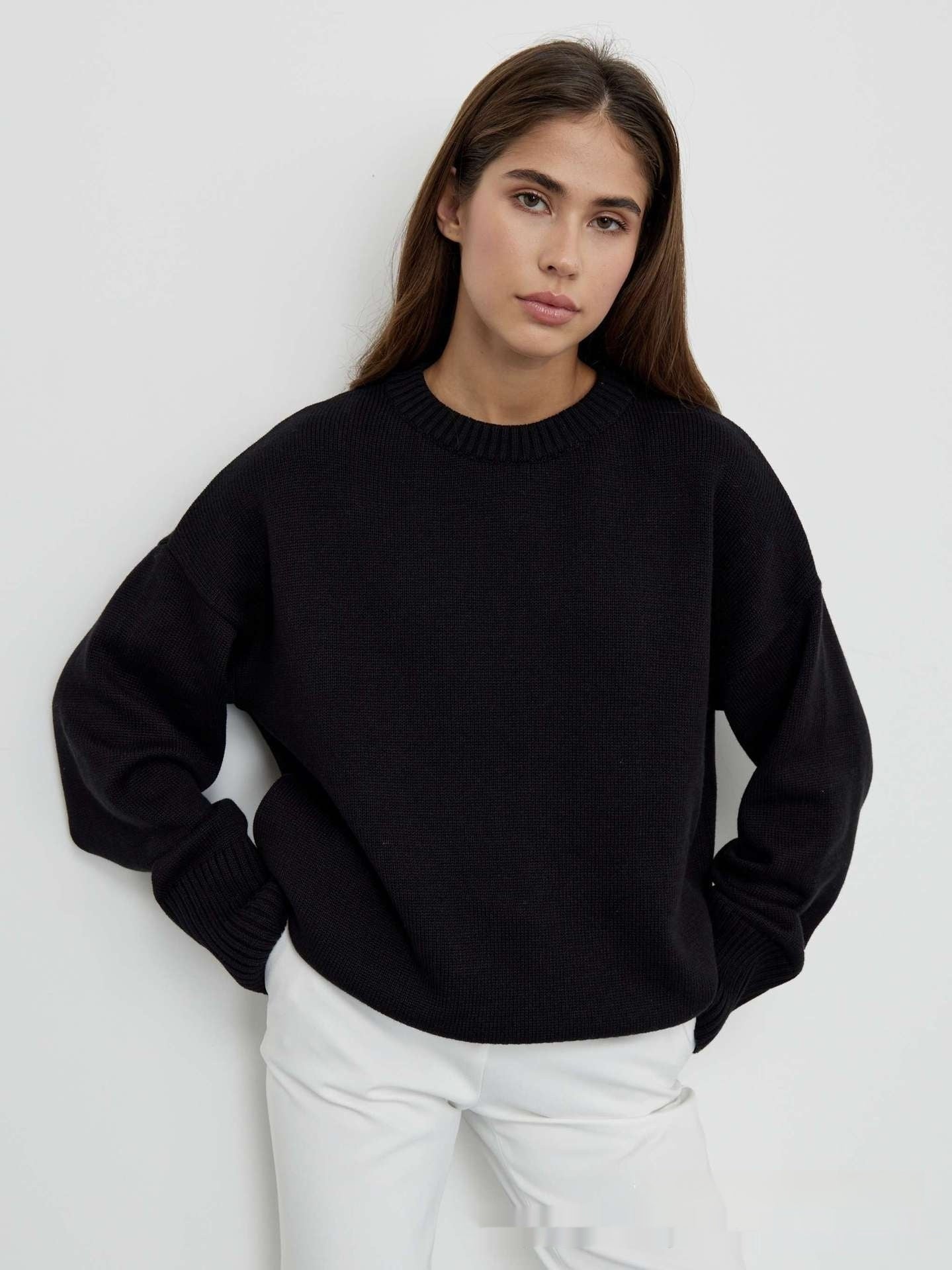 Solid Color Round Neck Sweater Women's Soft Knitted Top