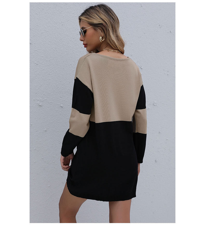 Pullover Round Neck Loose Knitted Stitching Contrast Color Woolen Skirt