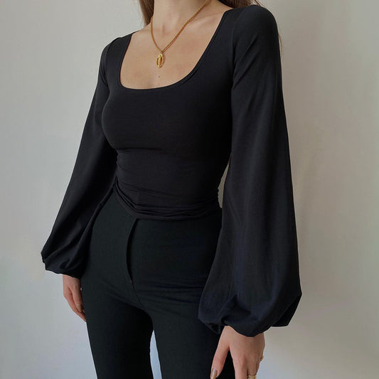 Casual Top Versatile Lantern Long Sleeve Square Collar Slimming Solid Color T-shirt