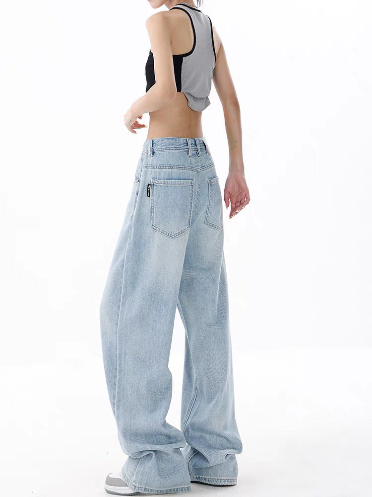 Women's Loose Light Blue Washed Wide-leg Jeans