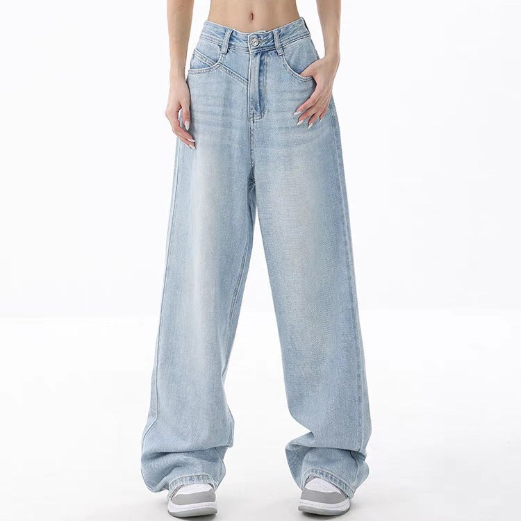 Women's Loose Light Blue Washed Wide-leg Jeans