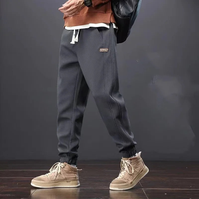 Summer Thin Style Sweatpants Men Loose Bound Feet Spring Khaki Elastic Waist Casual Pulling Rope Motion All-match Trousers