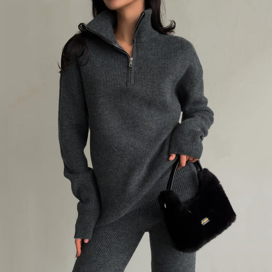 Fashion Women's Half Zipper Lapel Knitted Suit