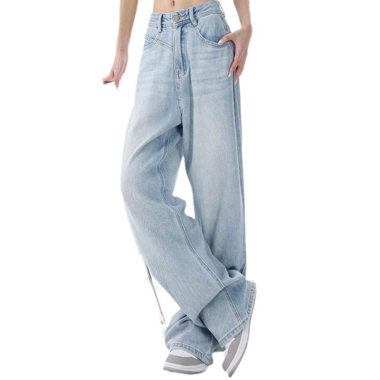 Women's Loose Light Blue Washed Wide-leg Jeans